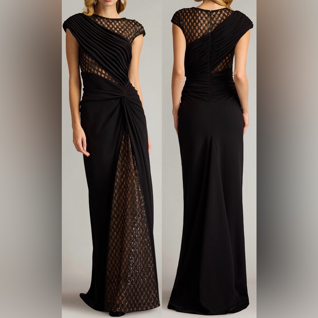 New Tadashi Shoji Jetta Peek-A-Boo Illusion Mixed Media Cap Sleeve Crepe Gown